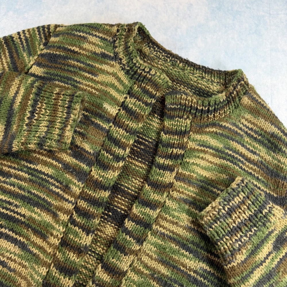 Handmade Knit Cardigan Mens L Green Camo Excellent Variegated Open Front Sweater